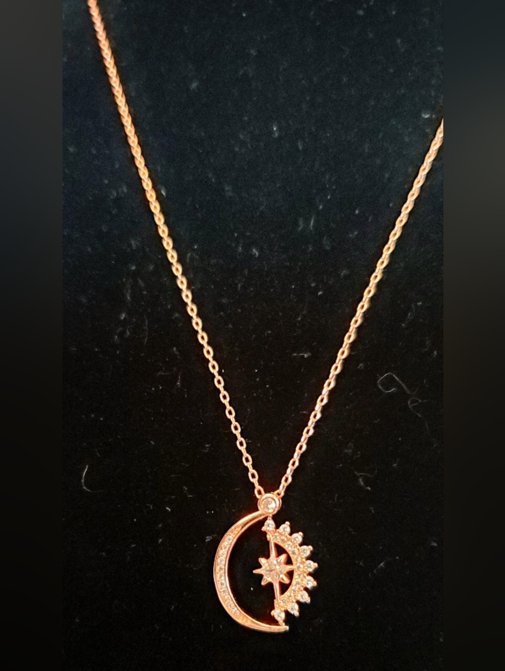 Delicate Crescent & Star Spinning  Pendant Necklace in Rose Gold
